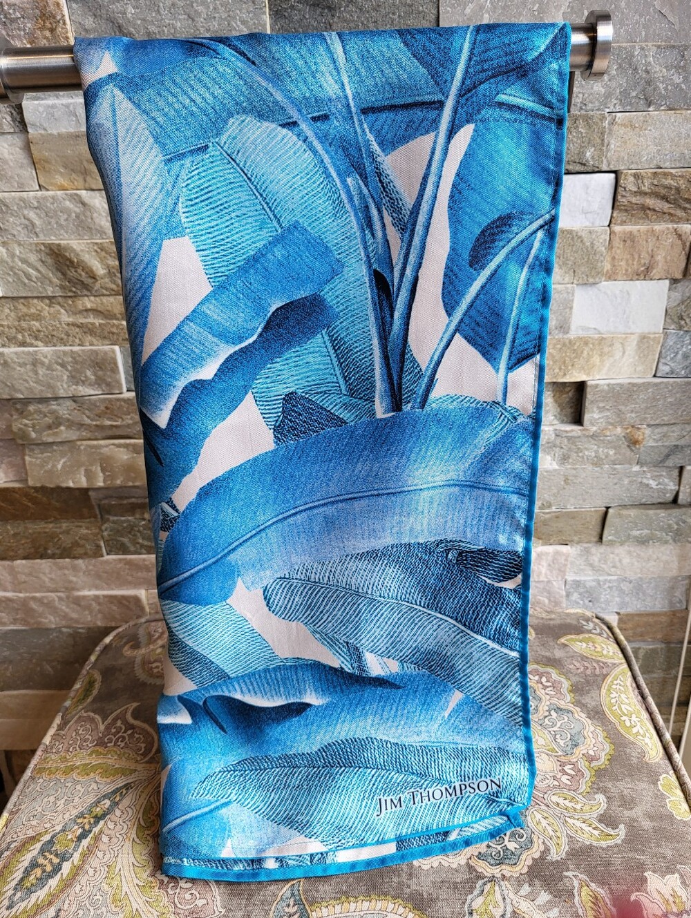 Jim Thompson 100 % Silk Blue Banana Leaf Print Scarf